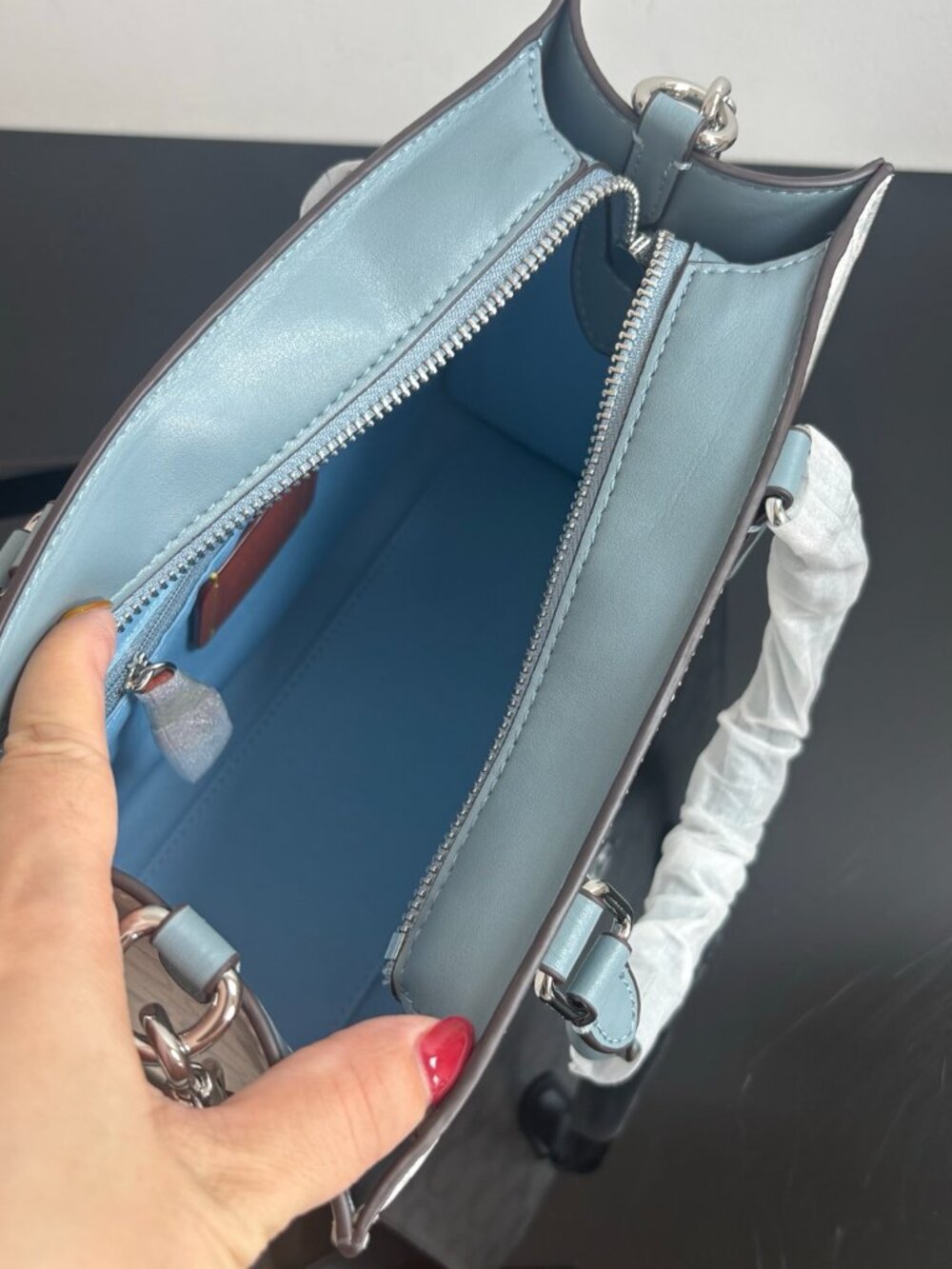 💧Coach White Pastel Logo Mini Tote Bag Light Blue Trim Crossbody - Picture 7 of 10